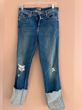 MOTHER Dark Blue Distressed Boyfriend Jeans with Cuffed Hems